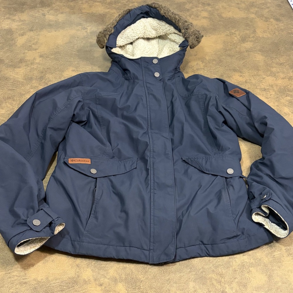 Columbia Jacket Womens L Navy Blue Insulated Faux Fur Hood Winter Parka WK4120